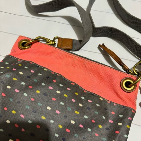 Fossil Peach Coral Gray Polka Dot Canvas Crossbody Shoulder Bag Purse - Picture 4 of 7
